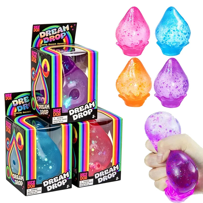 A collection of colorful, translucent squishy toys shaped like raindrops in various shades of pink, blue, and orange.