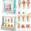 A wooden ice cream counter play set featuring various ice cream shapes and toppings for children.