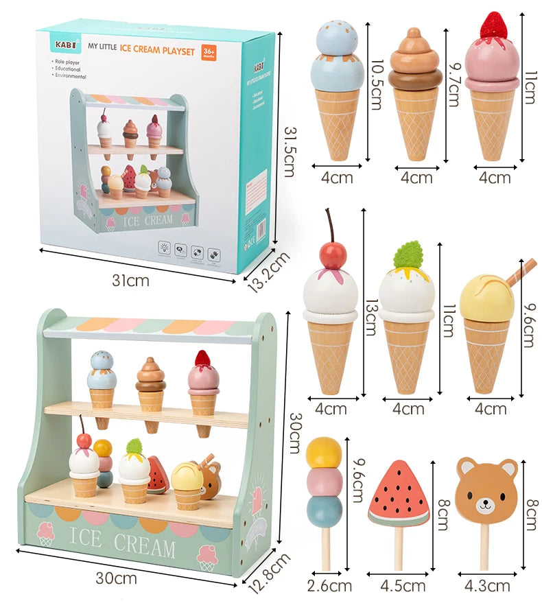 A wooden ice cream counter play set featuring various ice cream shapes and toppings for children.