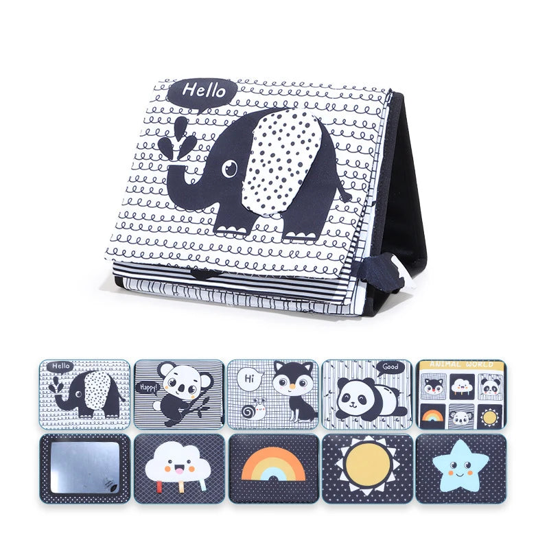 High-Contrast Tummy Time Baby Mirror with Crinkle Cloth Book and Teether