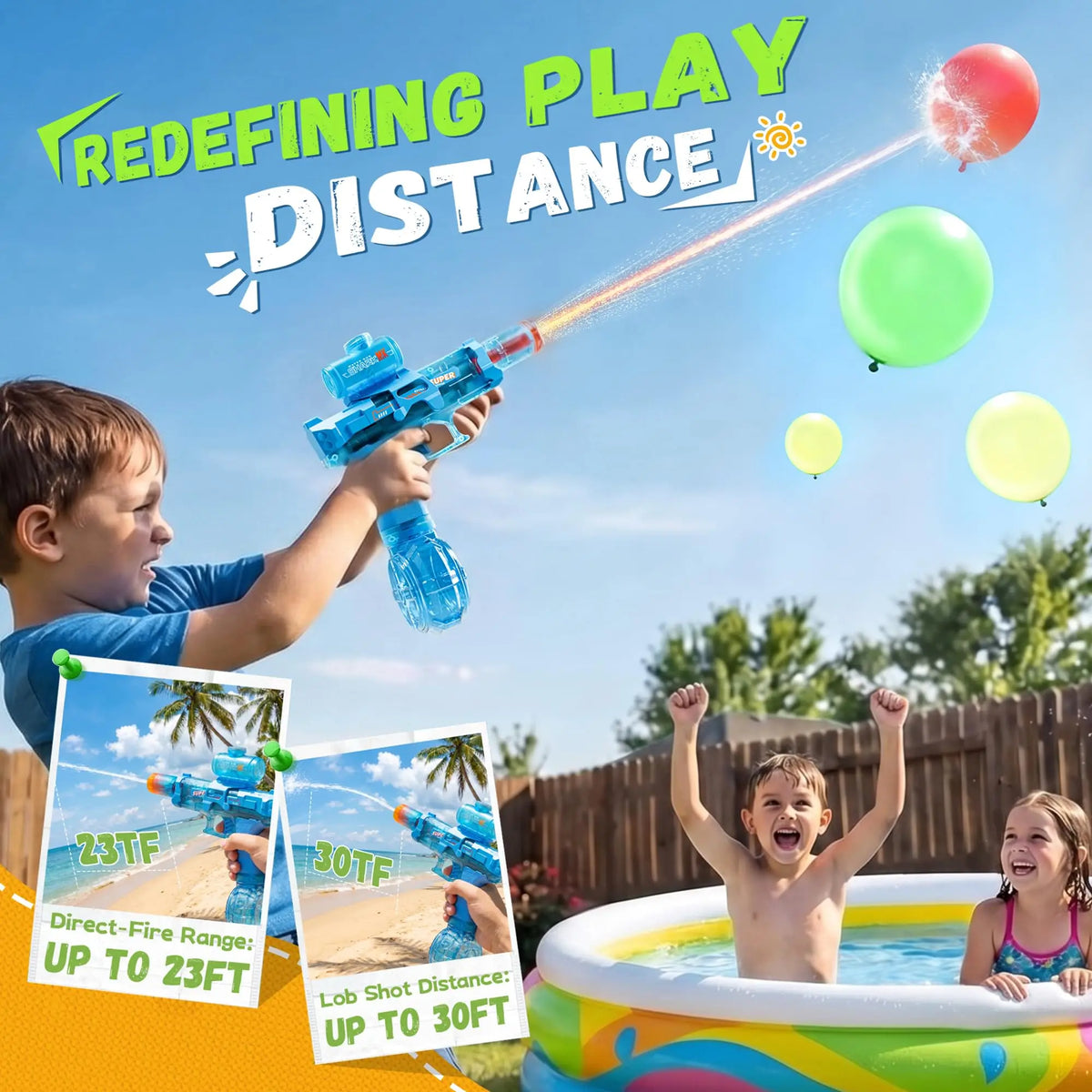 A boy is using a blue electric water blaster to shoot a red balloon, with a green balloon floating nearby.