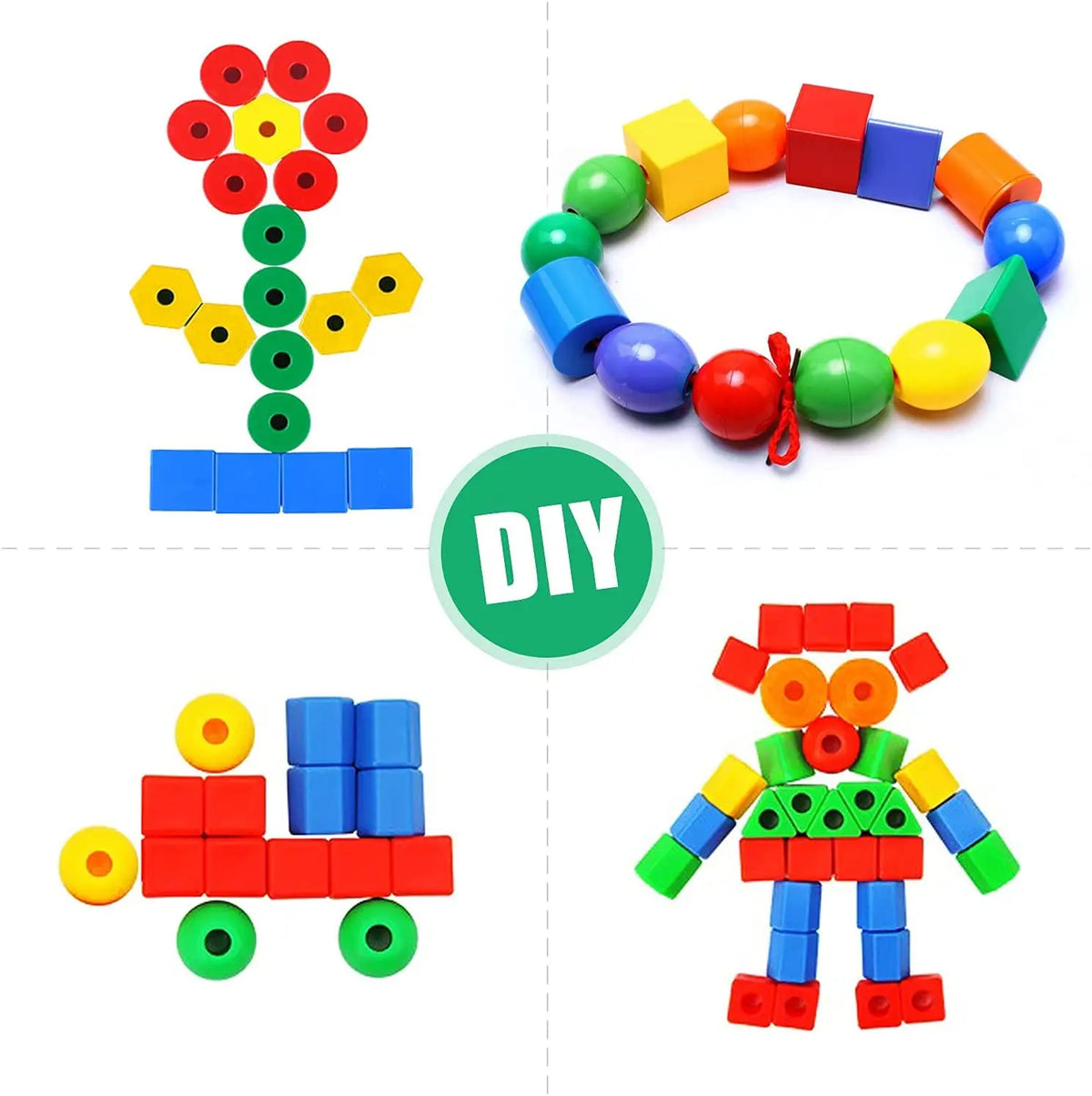 A colorful set of rainbow lacing beads and three strings used for a Montessori threading toy.