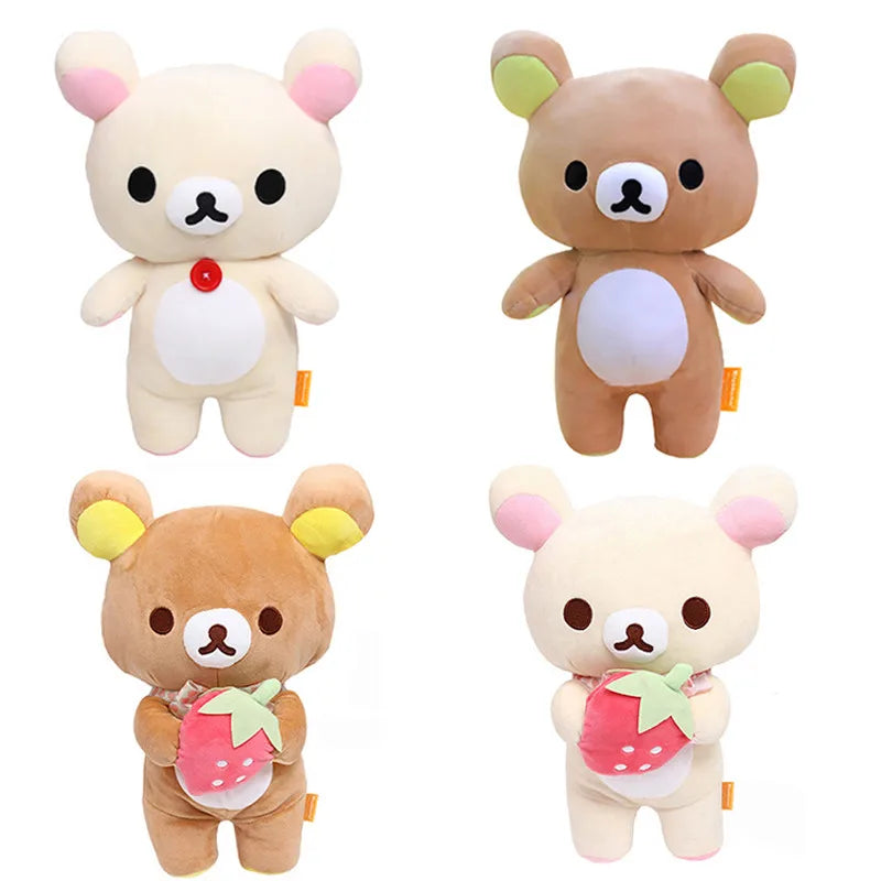 Four versions of Rilakkuma anime plush bears in various colors and with strawberry accents