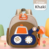A khaki colored kids cartoon digger truck backpack with orange accents and a brown fabric.