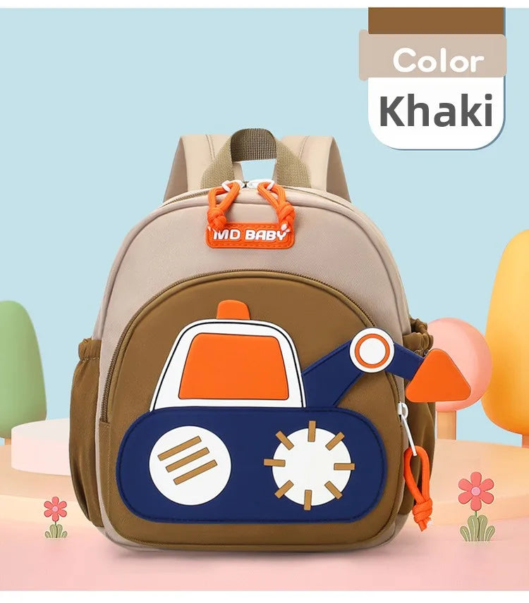 A khaki colored kids cartoon digger truck backpack with orange accents and a brown fabric.