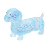 A light blue, translucent squishy toy shaped like a dachshund.