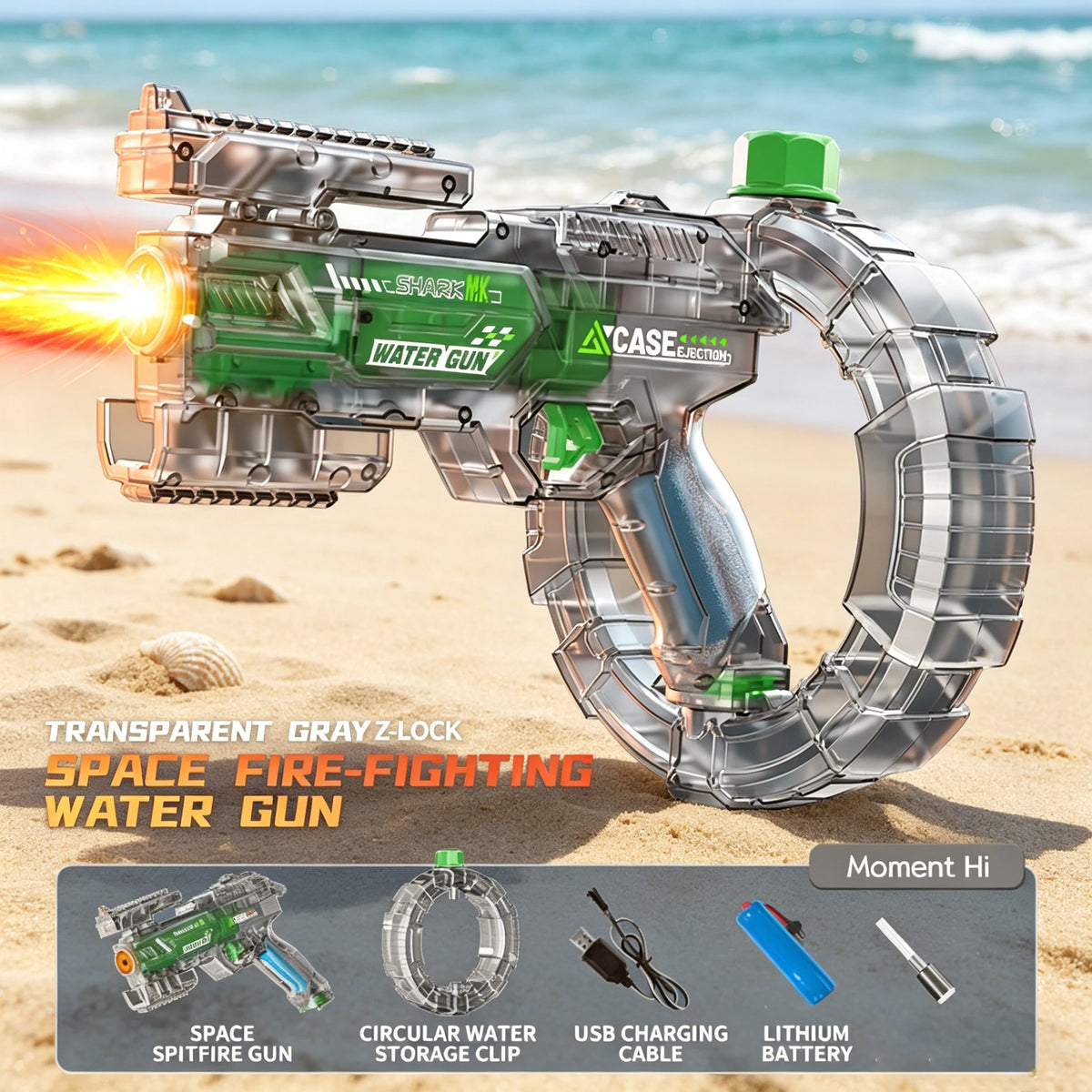 Transparent gray Z-lock space fire-fighting water gun with a circular storage clip and battery
