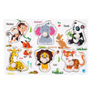 A wooden geometric shape sorter puzzle featuring various animal figures like a monkey, elephant, panda, and tiger.