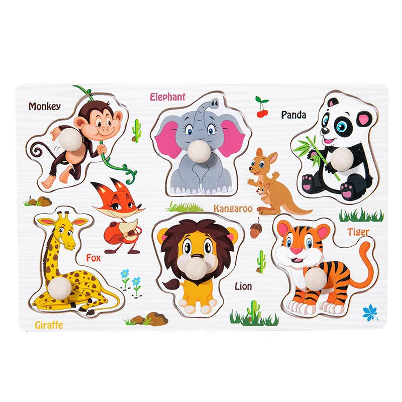 A wooden geometric shape sorter puzzle featuring various animal figures like a monkey, elephant, panda, and tiger.