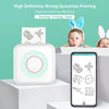 A white pocket thermal printer is shown next to a smartphone displaying drawings and a child with bunny ears.