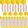 A set of round yellow sponge brushes with wooden handles for painting and crafting.