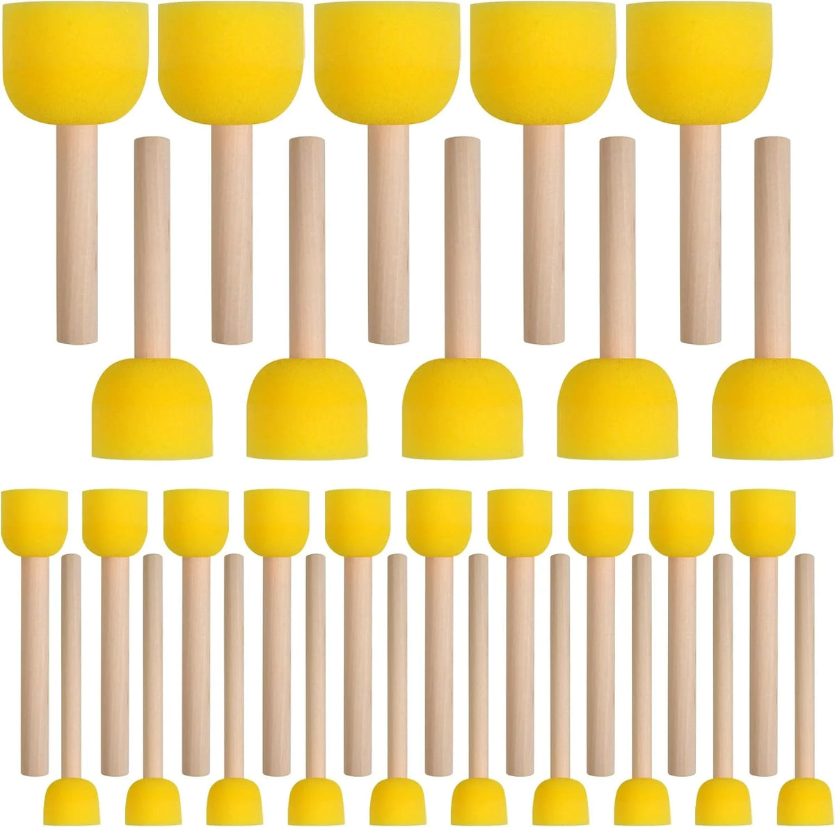 A set of round yellow sponge brushes with wooden handles for painting and crafting.
