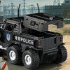 A black SWAT City Police truck diecast toy with lights and sounds is shown from the side.