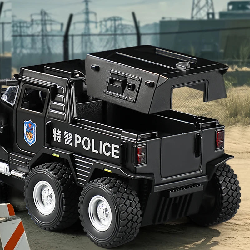 A black SWAT City Police truck diecast toy with lights and sounds is shown from the side.