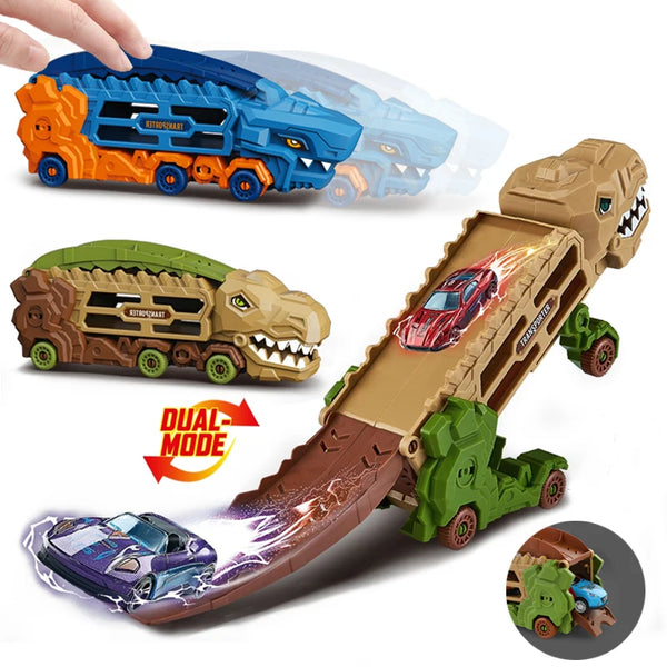 A transforming dinosaur vehicle toy showing various modes, including a truck and a car.