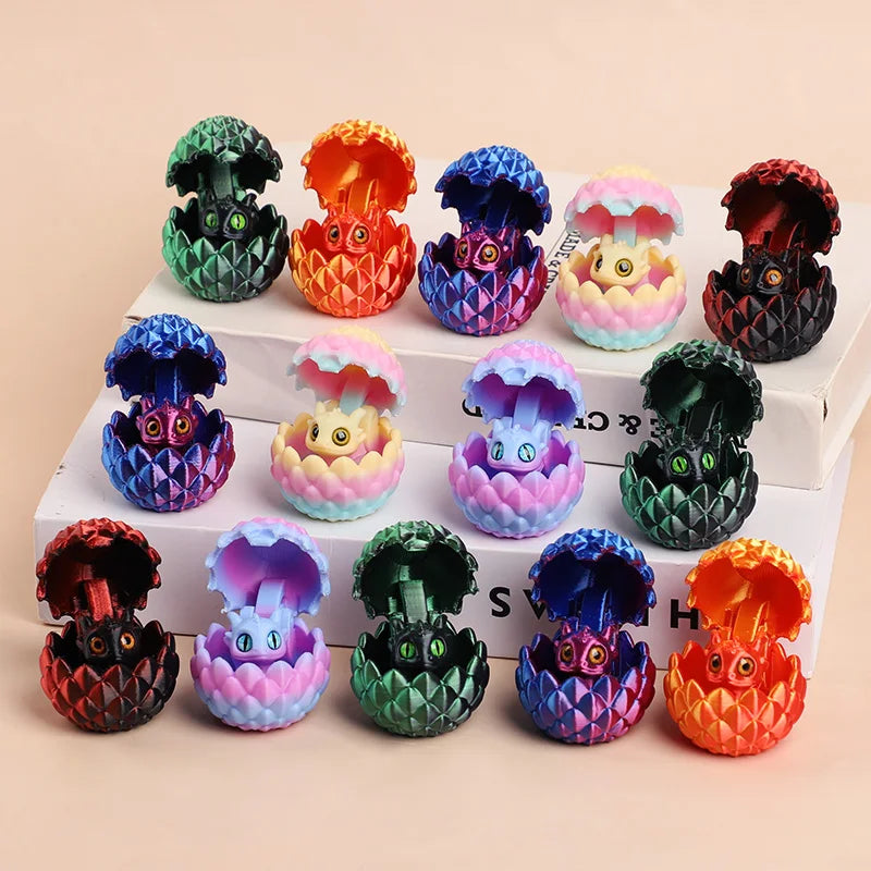 A set of six colorful 3D dragon egg surprise figurines in various shades of green, pink, purple, and orange.