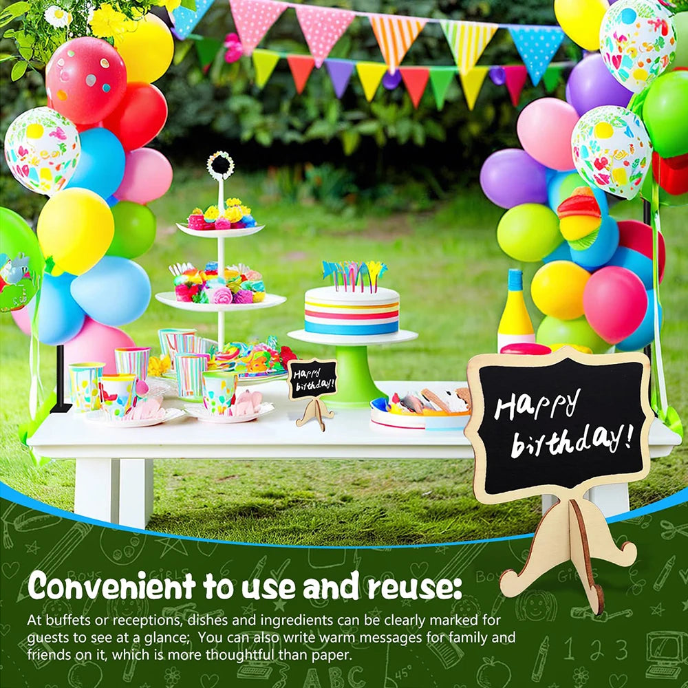 Mini wooden chalkboard signs with an easel for weddings and parties decorated with colorful balloons and treats