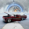 A glossy red vintage 1959 Chevrolet Impala die-cast model car is displayed on a gray floor in a futuristic tunnel setting.