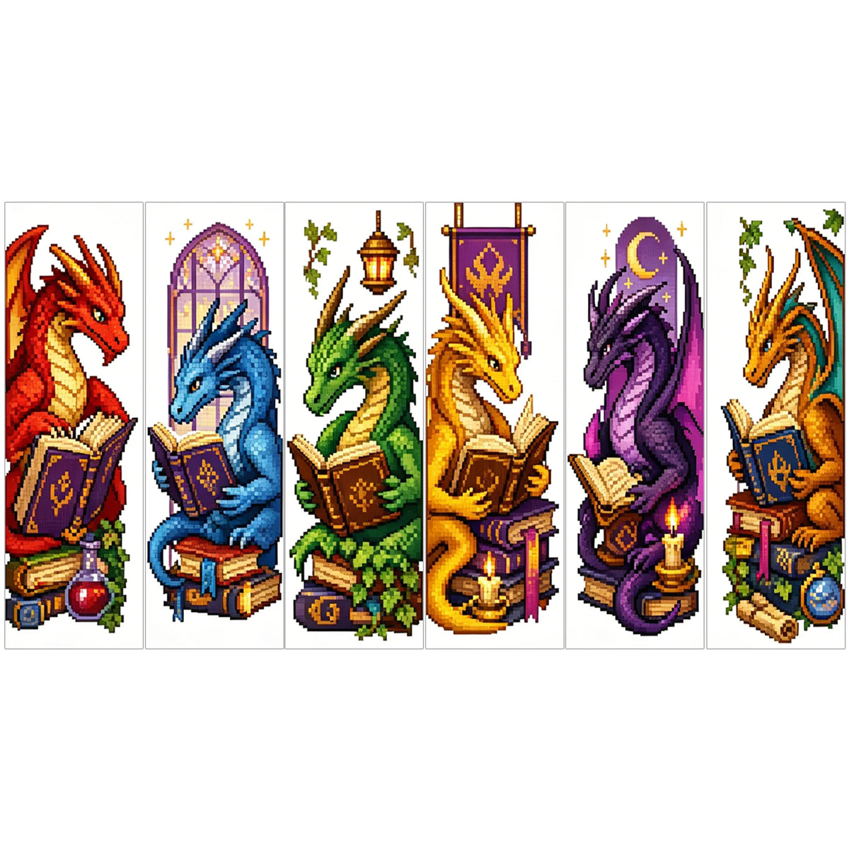 A set of six cross-stitch bookmarks featuring mythical dragons and magical elements.