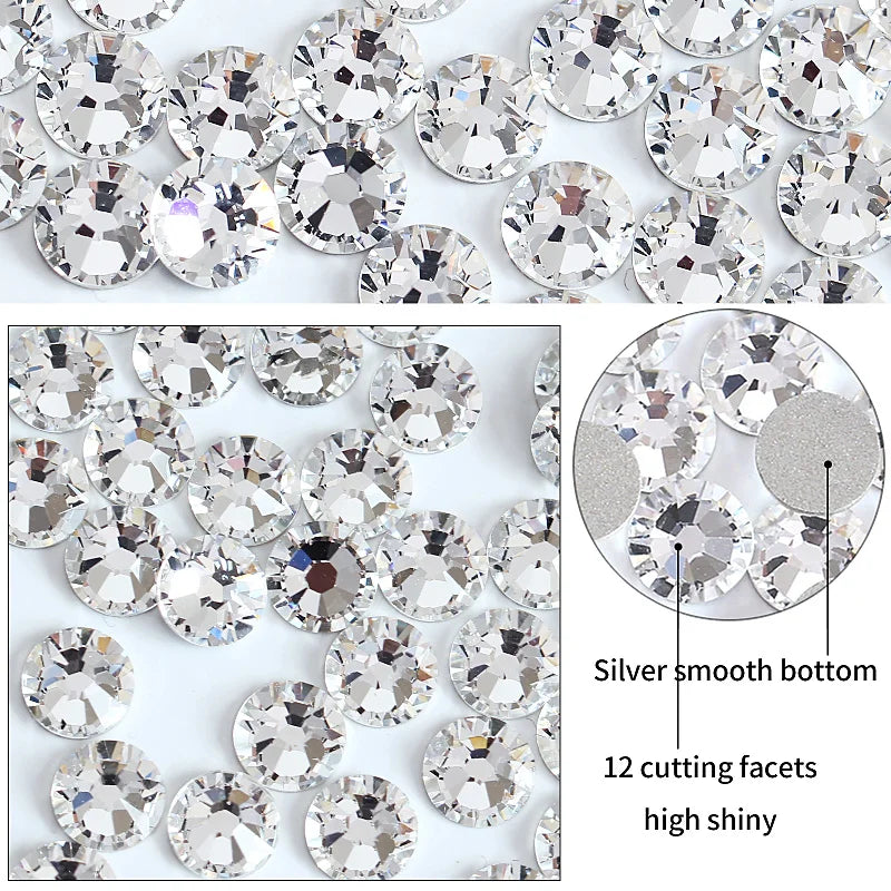 Silver crystal flatback rhinestones with 12 cutting facets for nail art and crafts