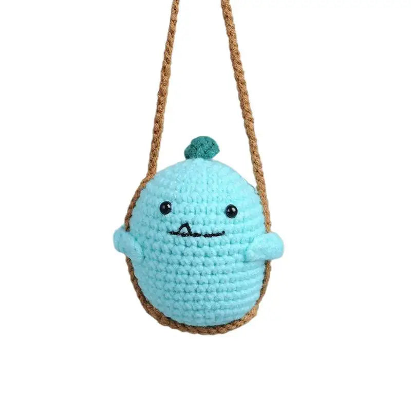 Hand-crocheted frog car mirror hanging ornament in light blue