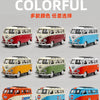 A collection of colorful alloy model diecast bus toys in various vintage styles and colors.