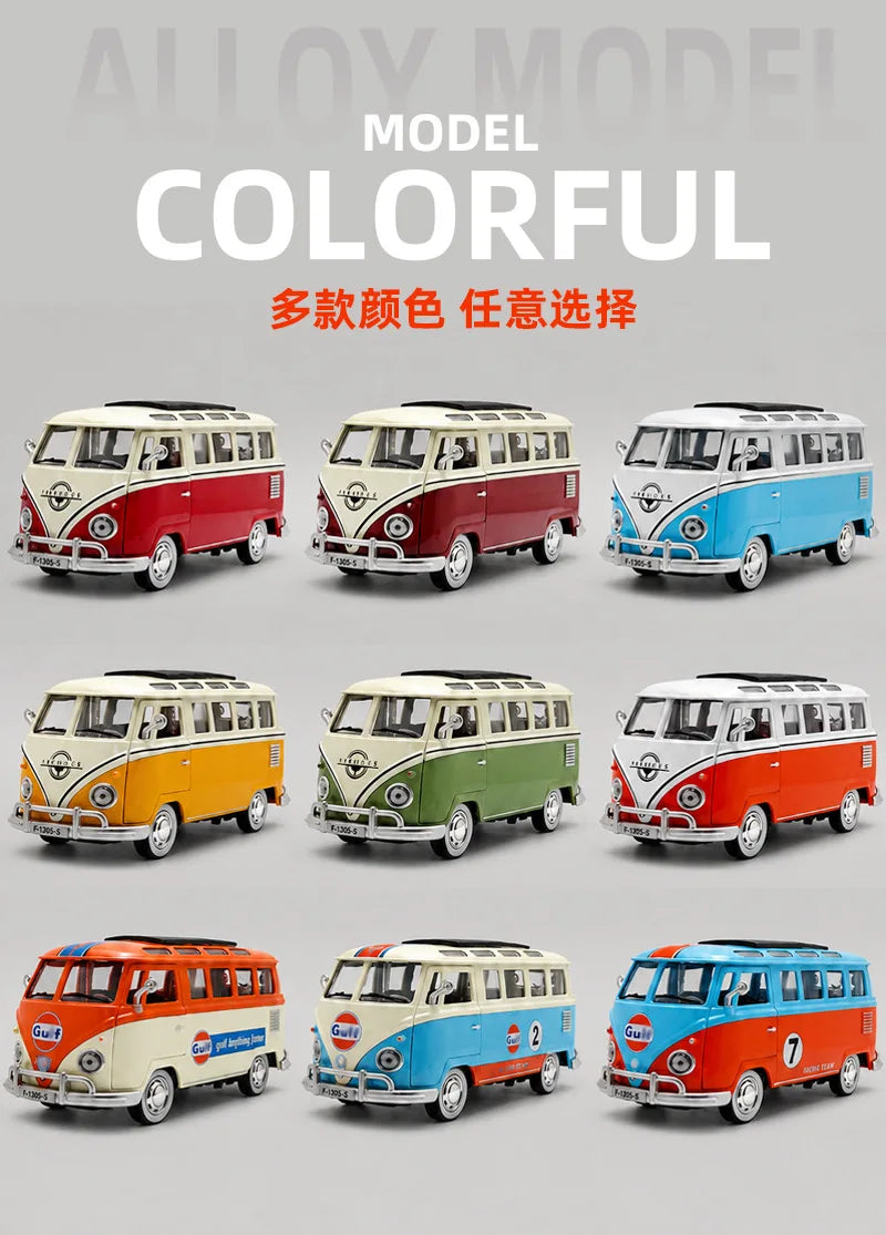 A collection of colorful alloy model diecast bus toys in various vintage styles and colors.