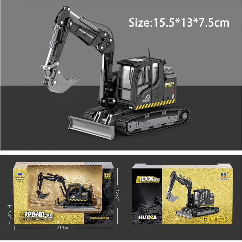 A die-cast toy excavator construction vehicle with a hydraulic arm shown in various views and packaging.