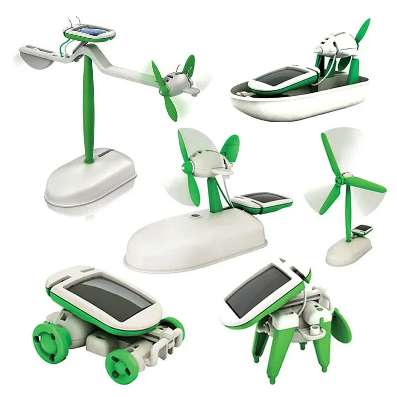 A collection of various solar robot kits, including a standing model, a car-like robot, and a wheeled robot.