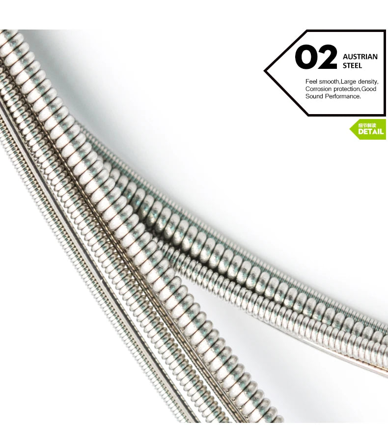 Close-up view of Austrian steel guitar strings with a hexagonal wire design.