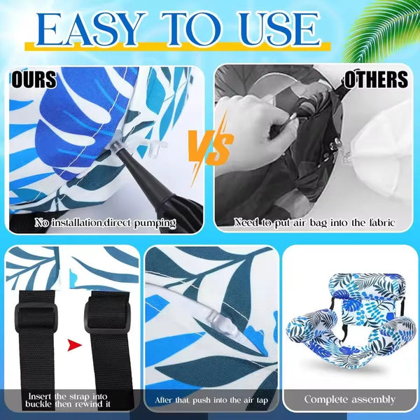 Comparison of an inflatable water hammock lounger showing easy to use features and assembly process