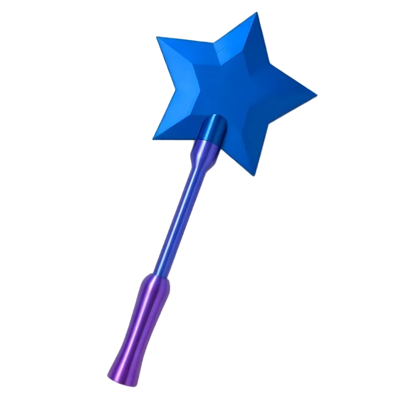 A blue star-shaped magic wand with a purple handle and sparkling edges.