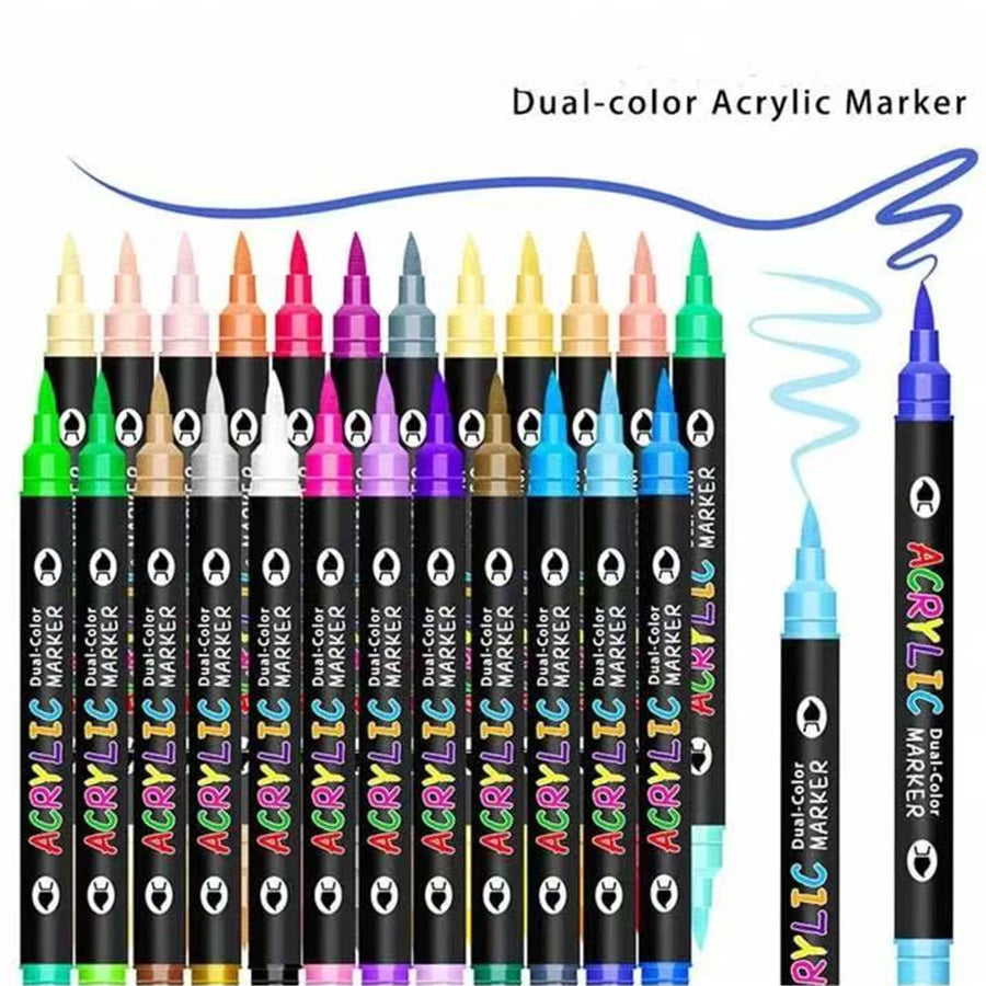 A set of dual-color acrylic markers in various colors and tips for art and crafts.