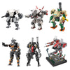 A set of building blocks depicting various combat robots and an exoskeleton suit.