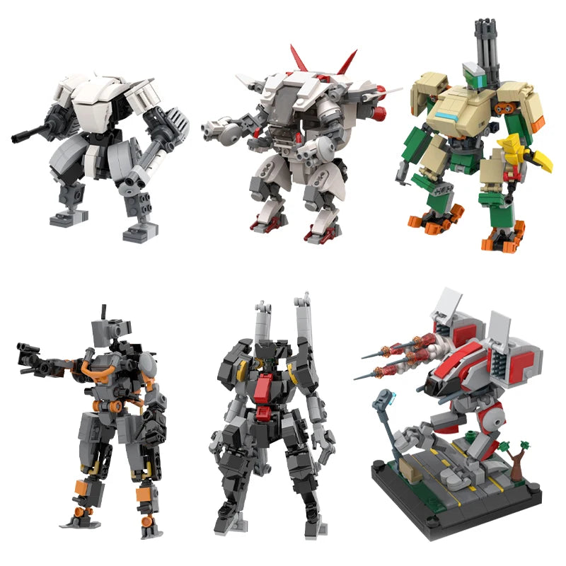 A set of building blocks depicting various combat robots and an exoskeleton suit.