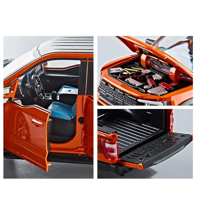 Diecast model of a Ford Raptor F150 truck with light and sound effects shown in various angles.