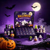 A Halloween advent calendar box featuring 24 spooky resin ornaments set against a dark purple background with a large moon.