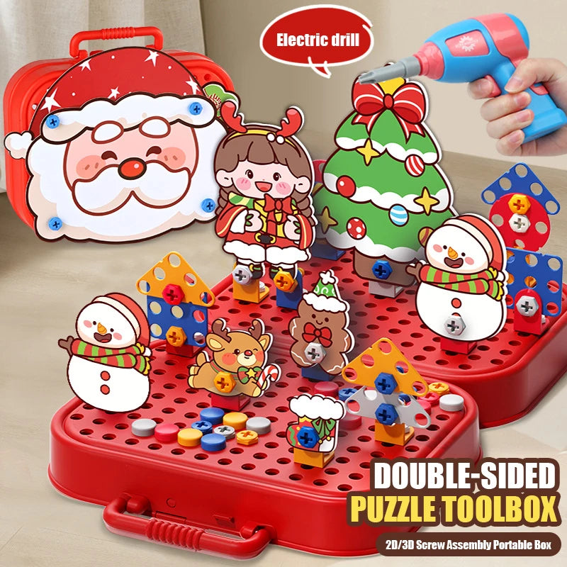 A red puzzle toolbox featuring a dinosaur drill and screw building toy set with an electric drill and Christmas-themed figure