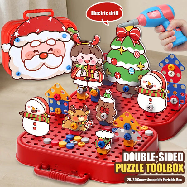Boîte à outils casse-tête rouge avec perceuse dinosaure, jeu de construction à vis, perceuse électrique et figurine de Noël