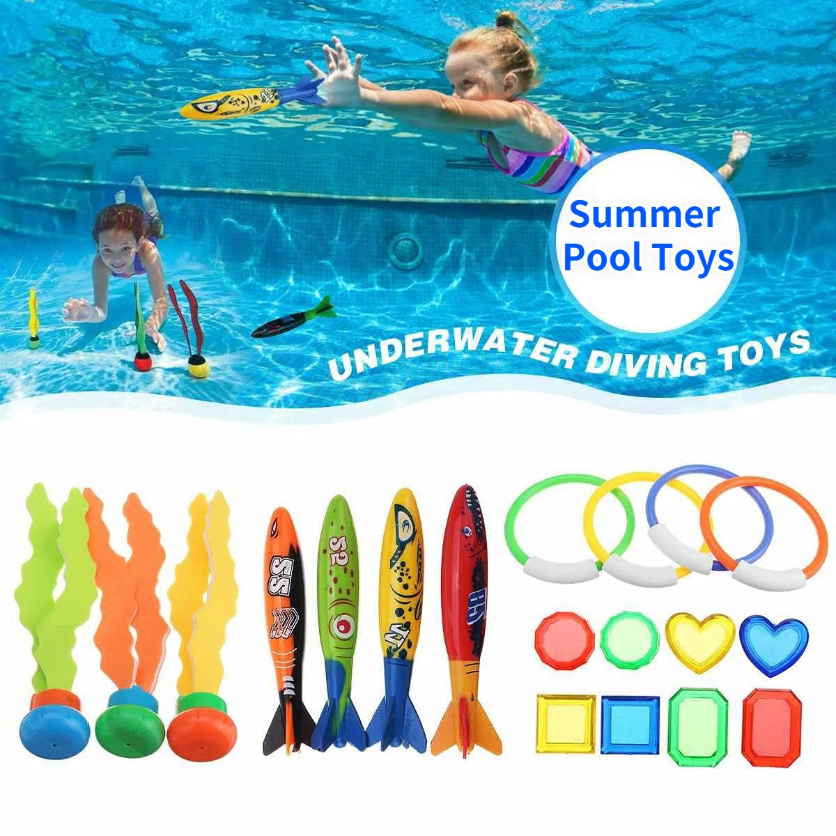 A set of summer pool diving toys including a shark rocket and various underwater diving toys for kids.