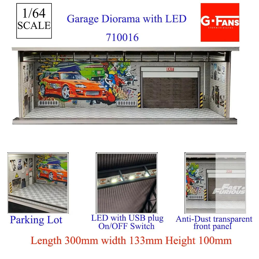 1/64 scale garage diorama featuring a red sports car and parking lot display with LED lighting.