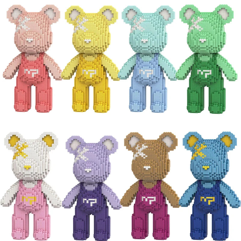 A collection of nine cute bear figures made from micro building blocks in various pastel and earthy colors.