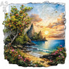 A jigsaw puzzle depicting a scenic coastal landscape with trees, rocks, and water under an orange sunset.
