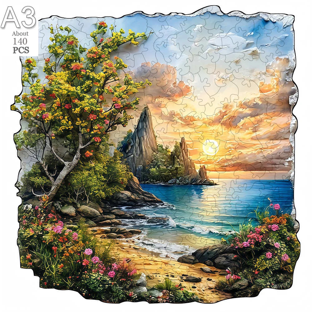 A jigsaw puzzle depicting a scenic coastal landscape with trees, rocks, and water under an orange sunset.