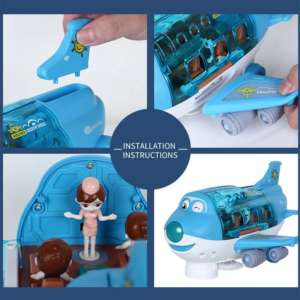 Installation instructions and components for an interactive toy airplane with music and lights.