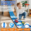 A child is playing with a blue flexible track racing car set designed for DIY creativity and imagination.