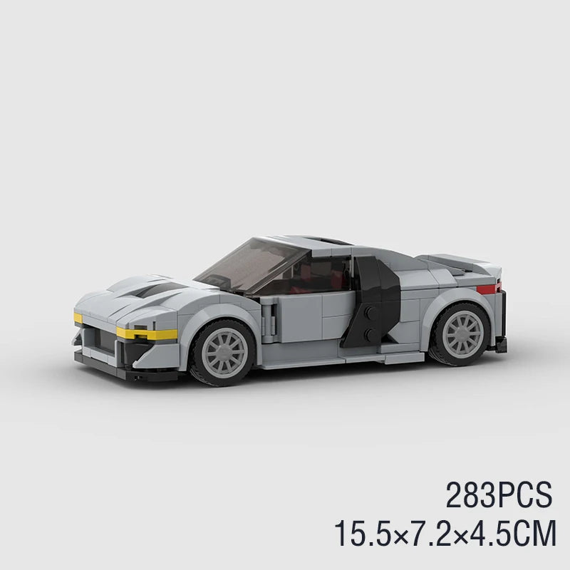 A gray classic rally car building block set with a black roof and yellow accents.