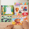 A box of sticker puzzle geometry featuring animal designs like a bear, lion, and elephant, with several individual puzzles di