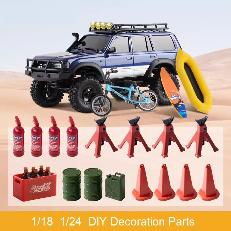RC Car Scale Accessory Set – Surfboard, Kayak, and Roadblock Decorations