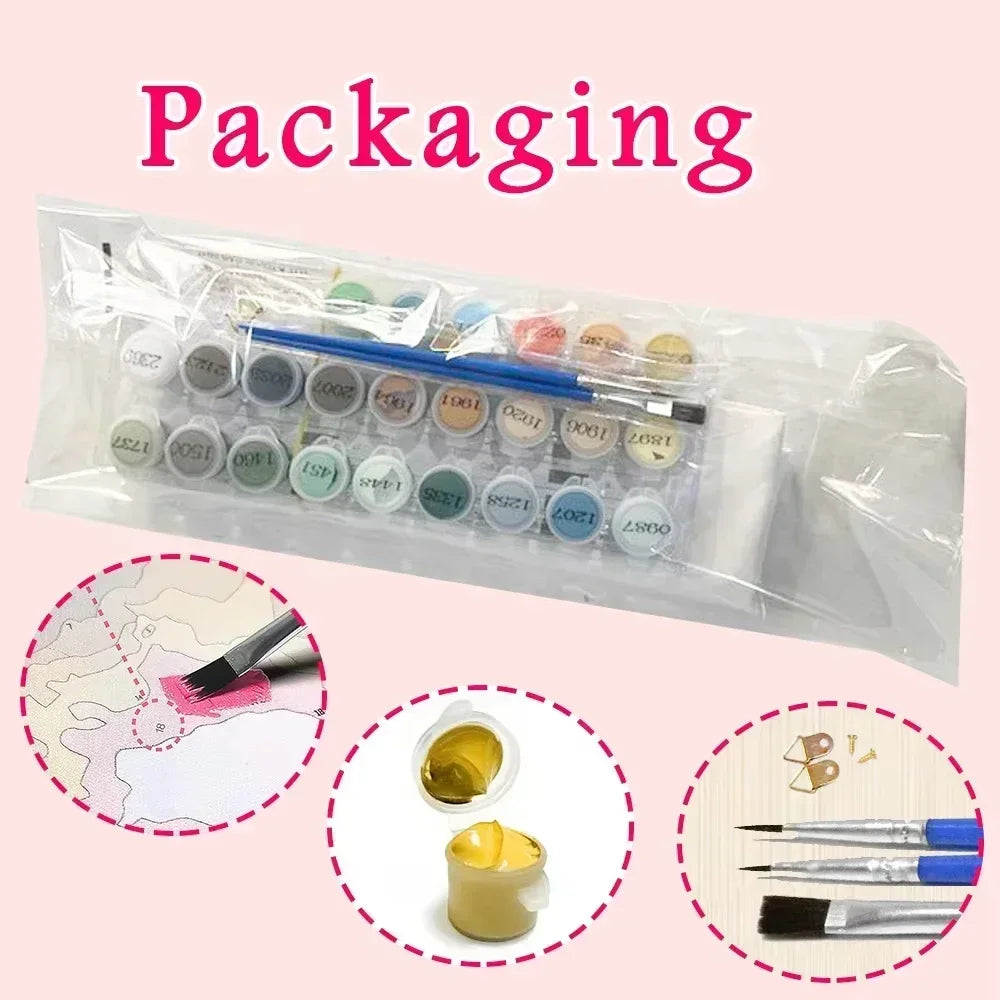 A clear plastic packaging shows a set of paint by numbers for a cherry blossom landscape, including paints and a brush.